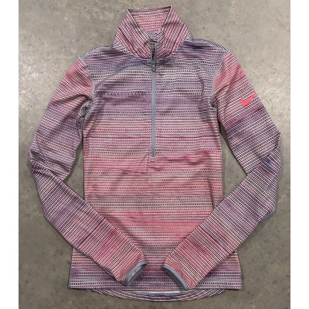 Nike Dri Fit Women XS 1/2 Zip Long Sleeve Pullover Top Pink Thumb Holes